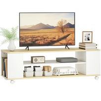 TV spintelė su ratukais 120 cm, TV spintelė televizoriams iki 55 colių, 2 atviros lentynos, balta ir natūrali 120 x 40 x 38.5 cm