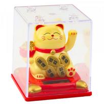 LEAN Chinese Lucky Cat In Display Case Solar Figurine Ornament Beige