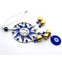 Palaiminimas ir Jėga - Laimingas Saulės, Mėnulio ir Žvaigždės Ornamentas su Kabomu Apsauginiu Akimi ir Skambučiu - Apsaugos Simbolis, Automobilio Ornamentai Galinio Vaizdo Veidrodėliui Style 1 mėlyna