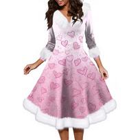Moteriška V formos kaklo laisvalaikio stiliaus kalėdinė suknelė vakarėliui ilgomis rankovėmis XXL pink