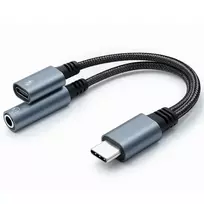 Qoltec Adapter 2in1 USB-C | USB-C | Jack 3.5mm | PD 15W | 10cm | aluminum