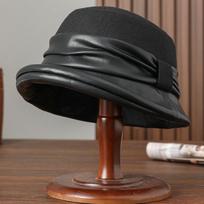 Moterims 100% vilnos veltinio klostuota juosta Fedora Motinos žiemos šilta vilnos pamušalas PU odos kibiro skrybėlaitė Šventės elegancija Cloche skrybėlaitė 57cm Head 55-58cm black