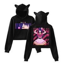 Anime Oshi No Ko Hoshino Ai Print Cropped Hoodies Women Fashion Harajuku Graphic Hooded Cat Ear Long Sleeve Pullovers L black