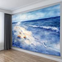 Gražus didelis akvarelinis paplūdimio jūrų peizažas gobelenas sienai kabinti vaizdas į vandenyną pakrančių dekoras jūrinis pajūrio freska 150x300cm Menas 100X70CM gray