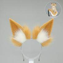 Furry Fox Ear Tail Anime Plush Cat Dog Ears Hairband Pink Animal Tail Fluffy Cosplay Ears Tail Game Role Play beige