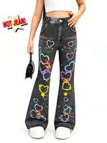 Girls 110-150cm Stretchy Skinny Flare Pants Imitation Denim Print Heart Pattern Comfortable Casual Trousers 110 juoda