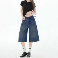 Women's High Waist Wide Leg Jeans Straight Leg Cropped Jeans Retro Washed Streetwear Seven Length Denim Capri Pants S gray