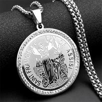 SAINT FRANCIS OF ASSISI PROTECTOR OF ANIMALS Pendant Necklace for Women Men Stainless Steel Church Rhinestones Medal Jewelry
