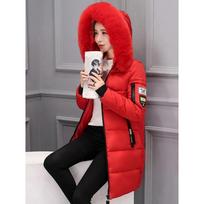 Žieminė šilta parka su kailiniu apykakliu ir kapišonu moterims, madinga, patogi, su užtrauktuku, kišenėmis, ilga, elegantiška, liekninanti, stora, moteriška. M raudona
