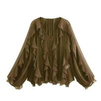 Women V Neck Ruffle Chiffon Blouse Long Flare Sleeve Sheer Semi Sheer Button Down Casual Elegant Shirts L armijos žalia spalva