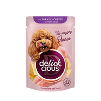 DELICKCIOUS konservuotas pašaras su kalakutiena ir sūriu suaugusiems šunims, 85 g