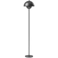 Pastatomas šviestuvas, apvalus gaubtas, kojinis jungiklis, ilgas laidas, elegantiška išvaizda, metalas, pilka