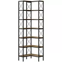 6 pakopų L formos knygų lentyna, laisvai pastatoma kampinė lentyna su metaliniu rėmu, kaimiška ruda, 60 x 60 x 200 cm