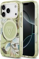 Dėklas Guess IML Glitter Flowers Triangle MagSafe skirtas Apple iPhone 17 Pro Max žalios spalvos