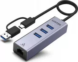 „Unitek“ USB koncentratorius „Unitek Hub USB C 4w1 Ethernet“ su 3 USB A jungtimis (5Gbps) ir USB A adapteriu