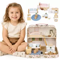 Lėlių namelis lagamine, dviejų aukštų, mediniai baldeliai, 20 aksesuarų rinkinys „ECOTOYS“