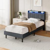 Viengulė lova 90x200 cm, su LED galvūgaliu ir USB jungtimis, Minkšta lova, minimalistinė lova, linų, pilka