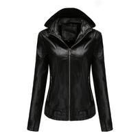 Rudens ir žiemos odinė striukė su gobtuvu moterims su nuimamu gobtuvu ir aksomine odine striuke Slim Fit paltas S juoda