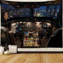 Aircraft Cockpit Tapestry, Flight Simulation Control Panel Wall Art, Aviation Themed Map Decor for Bedroom Living Room 130X150CM black