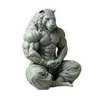Yousheng 3D spausdintas Tigro Žmogaus figūrėlė, raumeninga tigro figūrėlė-ornamentas, minimalistinė gyvūno skulptūra su raumeningomis detalėmis, Zen pozos darbalaukio dekoracija sidabras