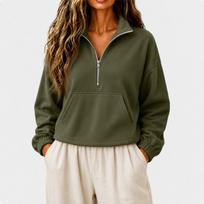 Women's Casual Half Zip Stand Collar Crop Hoodie Loose Long Sleeve with Pocket L armijos žalia spalva