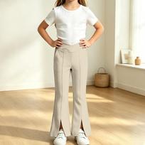 Kids High Waist Flare Pants with Pockets, Color Stretch Casual Yoga Dance Pants, Elastic Waist Activewear for Girls Boys Running and Fitness 120 smėlis