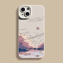 Mountain Ocean Moon Landscape Art Style Phone Case for iPhone 17 16 15 14 13 12 11 Series Pro Max Plus Double Layer Protection iphone 11 Pro white