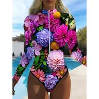 Women Long Sleeve One Piece Swimsuit Zip Front  Ocean Flowers Print Rash Guard Surfing Bathing Suit XS įvairiaspalvis