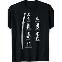 Men's Japanese Katana & 7 Virtues T-Shirt - Cultural Samurai Design with Bushido Values (Courage, Respect, Loyalty), Black with White Print, Short S juoda