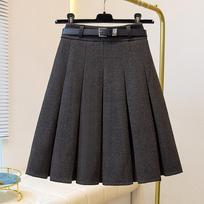 2026 Petite Plus Size Wool Pleated Midi Skirt - High Waist, Versatile School Style with Belt M black