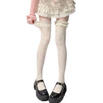 Japanese Style Fishnet Thigh Highs Stockings for Women JK Girl Flower Patterned Lace Ruffle Trim Frilly Over Knee Socks juoda