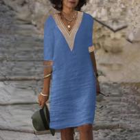 Women's Color V-Neck Lace Medium Sleeved Cotton Linen Casual Dress L