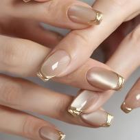 24pcs Glossy Press on Nails Short-T Fake Nails - Golden Stripe Design with Glitter Accents, Ballet Shape Medium Length Reusable Artificial Nails brown