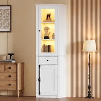 55*40*200cm Didelė aukšta spintelė, Vitrina su vienu stalčiumi, Pastatoma, 2 durelės, Stiklas, LED apšvietimas, Balta, Metalinės ir aliuminio lydinio rankenėlės 55 x 40 x 200 cm balta