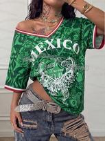 Jersey Tops Summer Women's V-Neck Jersey Mexico Football Jersey Breathable Sport Girl T-Shirt Polyester men t-shirt L red