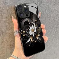 Prabangus juodas lotoso gėlės rašto grūdintas stiklas telefono dėklas, skirtas iPhone 17 16 15 14 13 12 11 Pro Max 17Air 7 8 Plus XR XS X Dangtelis iPhone 12 gray