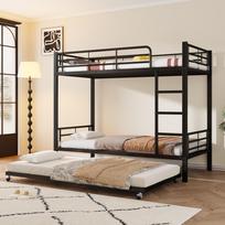 Iron Bed, Bunk Bed, Suitable for Children and Teenagers, with Pull-Out Bed, Four Side Rails on the Upper Bed, Iron, Black, 90x200cm&90x190cm 204 x 95 x 160 cm juoda
