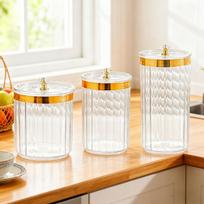 3 vnt. Maisto laikymo stiklainiai Konteineriai Sandariai Organizavimui su dangteliais Sausainiams Cukrui Amber Jar Gold Top beige