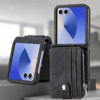 Prabangus odinis piniginės tipo dėklas telefonui Samsung Galaxy Z Flip 8 7 6 5 4 3 Flip7 FE Flip6 su užtrauktuku, kortelių laikikliu, apsauginiu dangteliu Galaxy Z Flip 8 juoda