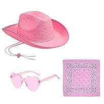 Rožinė kaubojaus skrybėlė Pūkuotas apvadas Helovino kostiumo aksesuarų rinkinys Bandana Širdies formos akiniai Apranga Style F pink