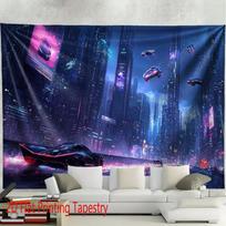 Cyberpunk Neon Cityscape Tapestry Large Wall Hanging Print Futuristic Sci Fi Anime Downtown Art Home Decor Bedroom Poster 100X70CM