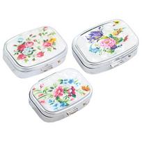 Metal Pill Box with Mirror Reusable Compact Portable Classified Store Pills Flower Print Oblong Shape Large Capacity Pill Organizer for Travel white