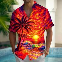 Summer Essential: Tropical Sunset Palm Print Short Sleeve Shirt S red