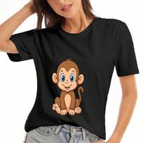 Cute Monkey Ladies Cotton T Shirt, Premium Cotton Quality Print, Durable, Casual Fashion. Featuring A Adorable Cartoon Monkey Graphic, Perfect For Ani S įvairiaspalvis