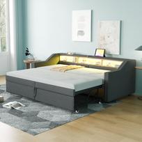 Apmušalas, Ištraukiama sofa-lova 90/180 x 200 cm, Daugiafunkcinė laikymo niša, LED apšvietimas ir USB lizdas, su grotelių rėmu, Tamsiai pilka 214 x 102 x 74 cm tamsiai pilka spalva