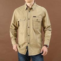 Men's Utility Button Down Shirt - Casual Long Sleeve with Chest Pockets M chaki