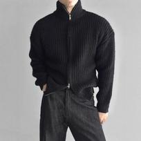 Vyriškas su stovu, dvigubo užtrauktuko, slim fit, dryžuotas megztas kardiganas M juoda