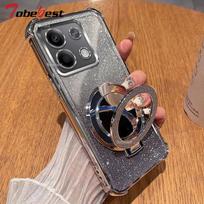 Blizgus smūgiams atsparus silikoninis dėklas Xiaomi POCO X5 Pro 5G, su veidrodėliu, magnetiniu laikikliu, stoveliu, minkštas dangtelis POCO X5 Pro rožinė