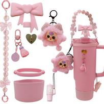 Stanley Cup Holder Set: Water Cup Sleeve, Straw Cap, Plush Elf Pendant Accessories. pink