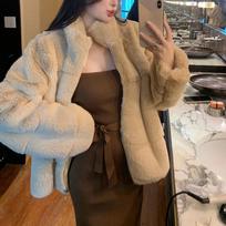 France Elegant Fur Warm Short Coat Women Winter Fleece Vintage Stand Collar Wool Jacket Korean Fashion Designer Clothes 2026 New M chaki